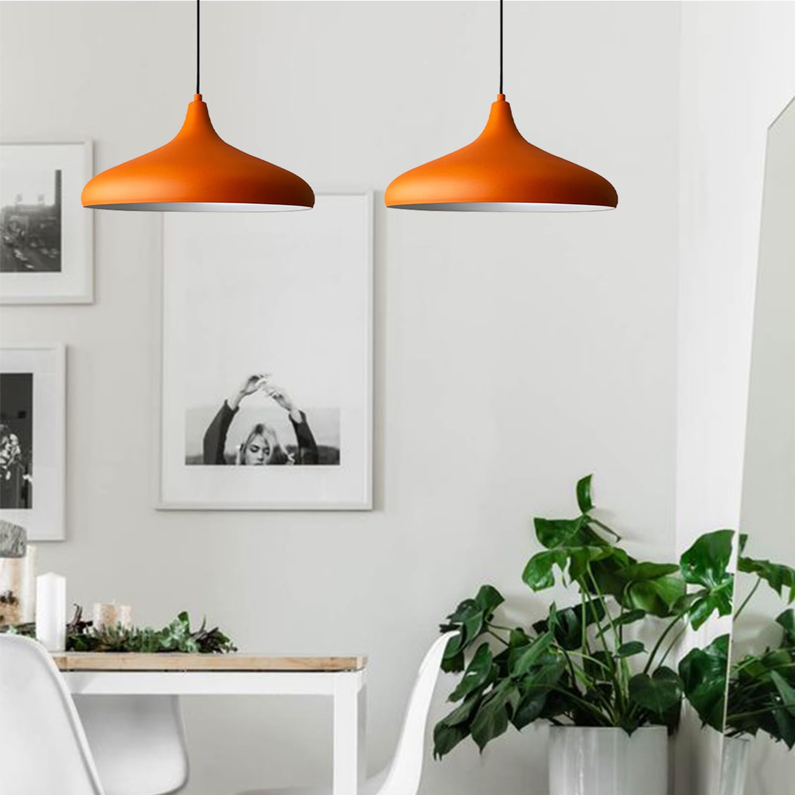 bamyum 2 Luces Champion Lámpara de Cocina, Lámpara Techo Colgante Vintage, Lámpara de Techo con Pantallas de 35 cm y Lámpara de Isla de Cocina de Metal de Lámparas de Techo Naranja