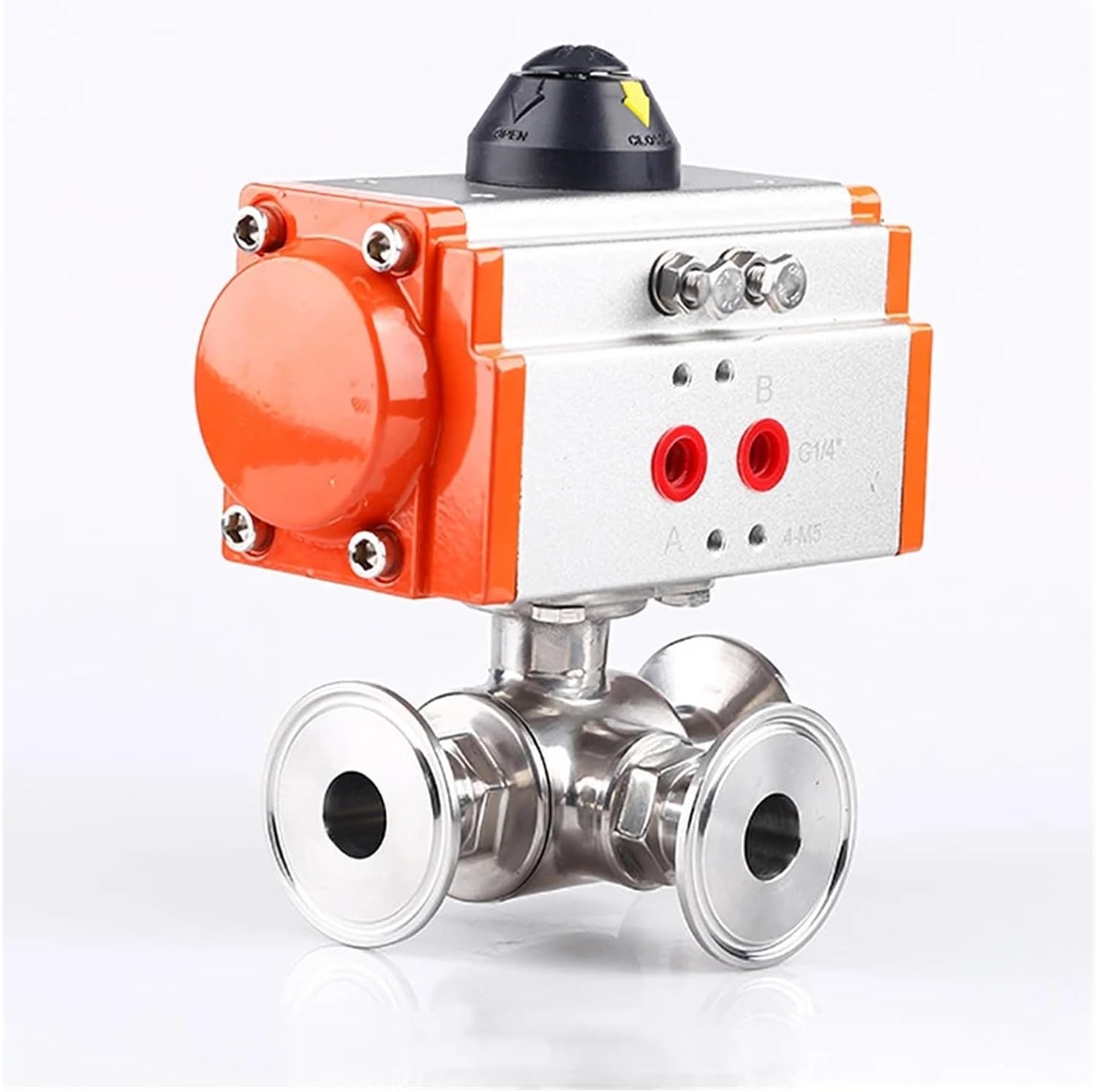 25mm 304 stainless steel sanitary pneumatic ball valve three-way sleeve type ball valve with double acting cylinder(T Type)