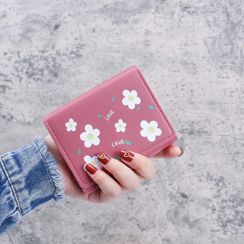 Tri - fold PU Women's Wallet with Flower Pattern & Metal Snap, Compact Card Holder with 6 Card Slots, ID Window & Cash Slot(Dark Pink)
