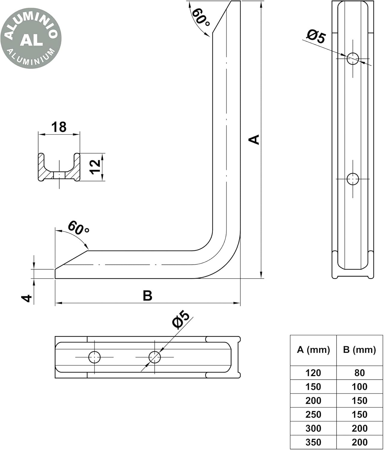 Amig - Wall bracket | Metal bracket for shelves | Angle for shelves | Shelf support | Aluminium | Black | Dimensions: 120 x 80 mm | Maximum recommended weight: 80 kg
