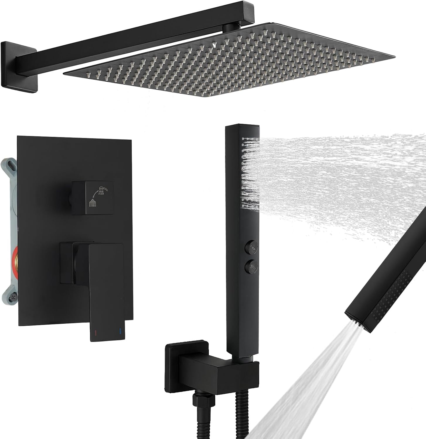 RUMOSE Matte Black Rainfall Shower System Fixture 12 Inch High Pressure Square Shower Head with 2 in 1 Handheld Spray Wall Mount Brass Bathroom Shower Faucet Set with cUPC Certified Rough-in Valve