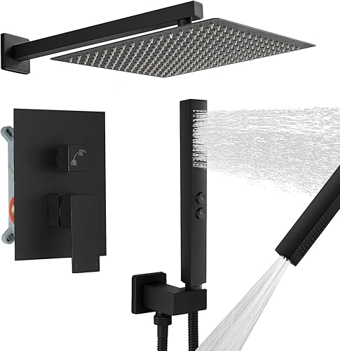 RUMOSE Sistema de ducha de lluvia negro mate, cabezal de ducha cuadrado de alta presión de 12 pulgadas con rociador de mano 2 en 1, montaje en