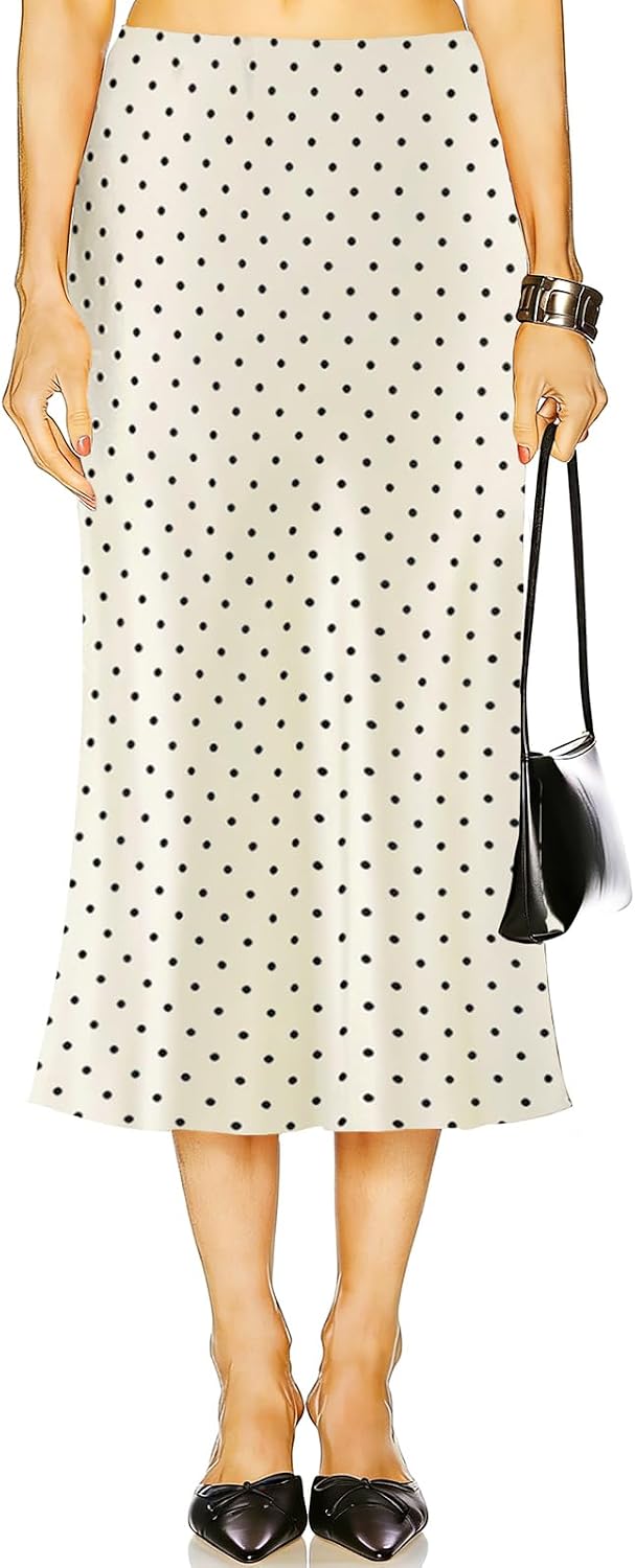2026 Women's Satin Midi Skirt High Waisted Hidden Elasticized Waistband Flowy A-Line Silk Long Skirts for Women.