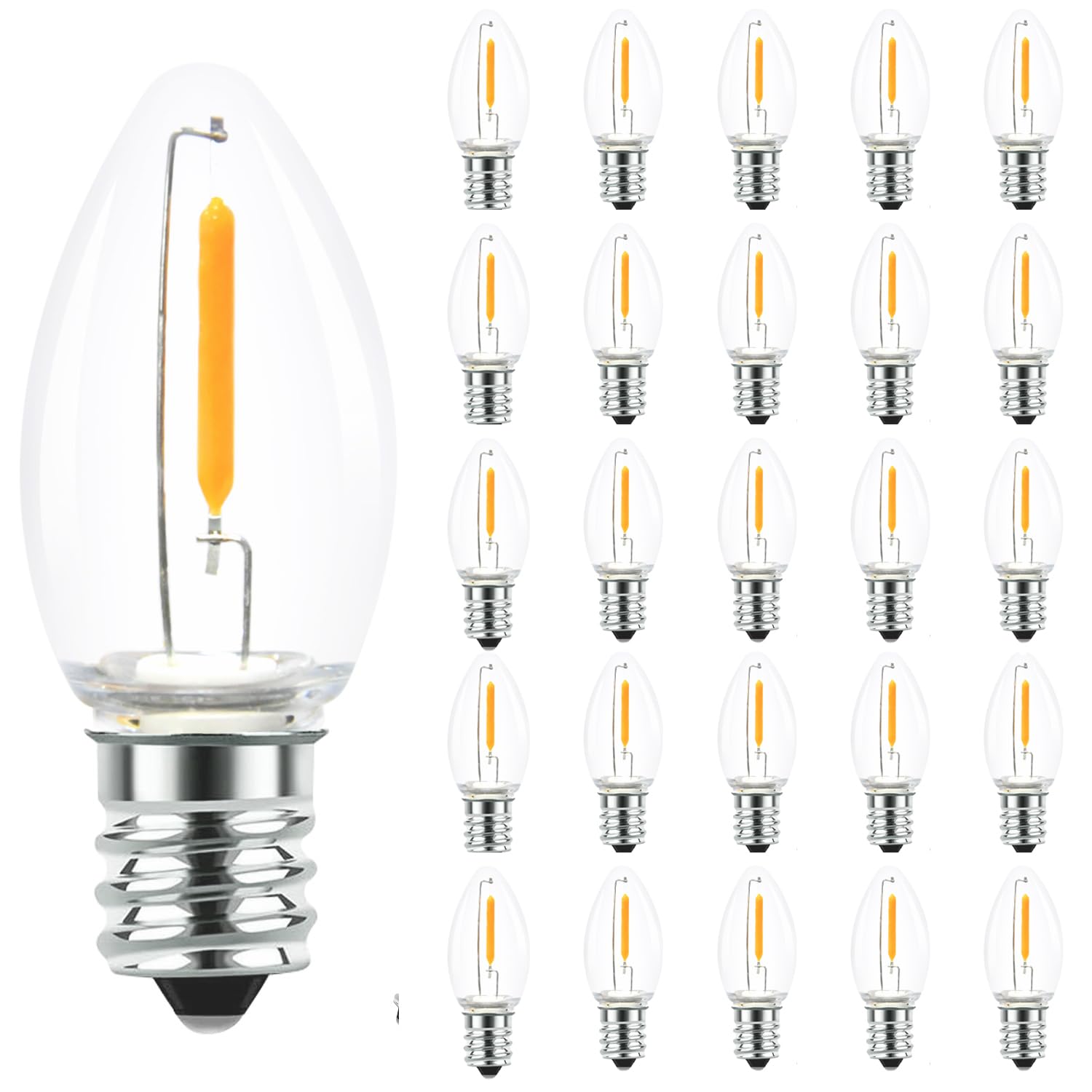 25 Pack C7 LED String Light Replacement Bulbs 0 6W Warm White 2200K E12 Candelabra Base Waterproof Clear