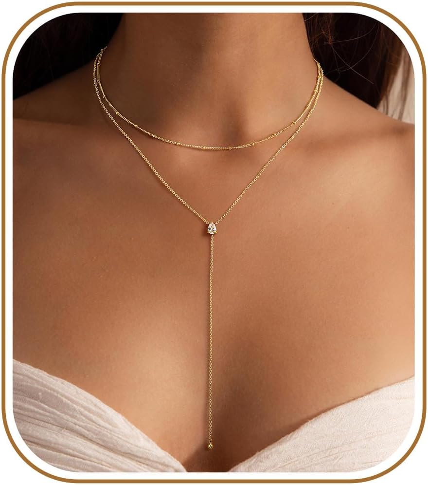Ursteel Dainty Lariat Necklace for Women, Easter Gifts 14K Gold Plated Y-Shaped Long Necklace Layered Drop Necklaces Pearl Cross Clover Cubic Zirconia Charm Necklaces Jewelry Gifts for Women