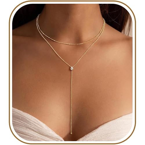 Ursteel Dainty Lariat Necklace for Women, 14K Gold Plated Y-Shaped Long Necklace Layered Drop Necklaces Pearl Cross Clover Cubic Zirconia Charm Necklaces Jewelry Gifts for Women