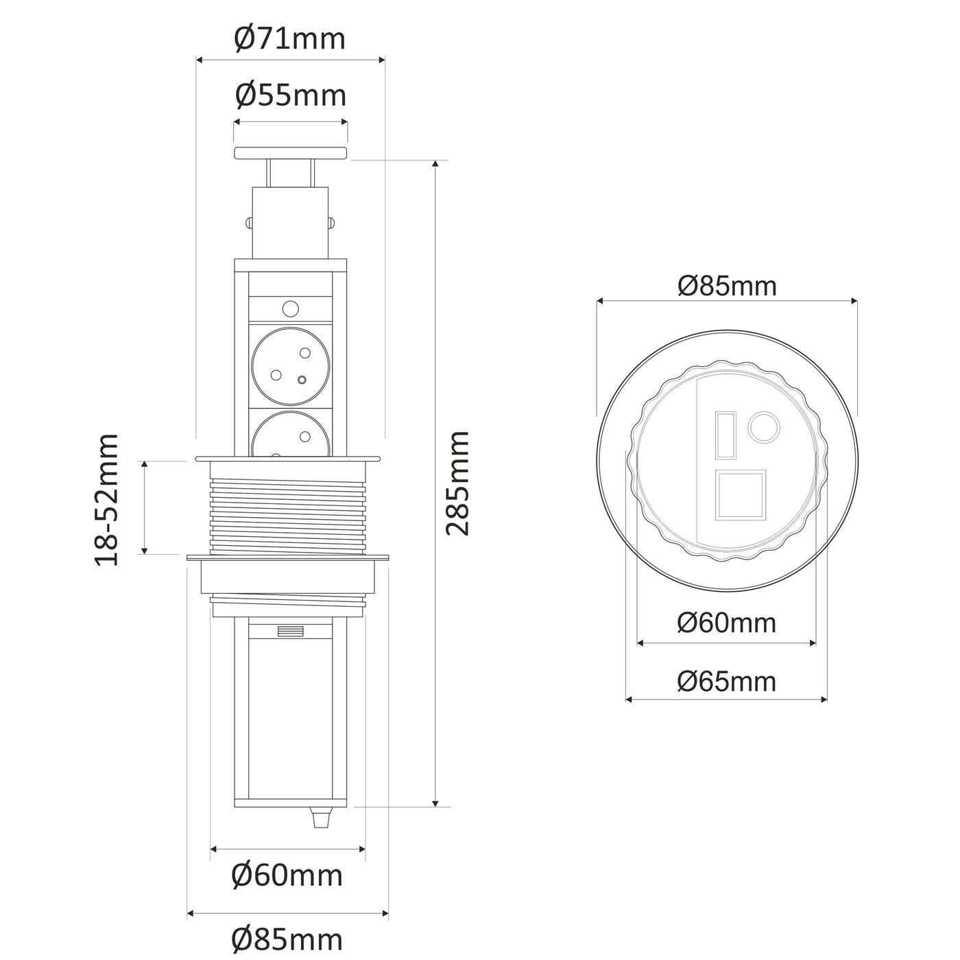 Lumonic LiftBox Steckdosen-Turm Mit 3 Schuko + 2 USB – Versenkbar, 3600W, Schwarz