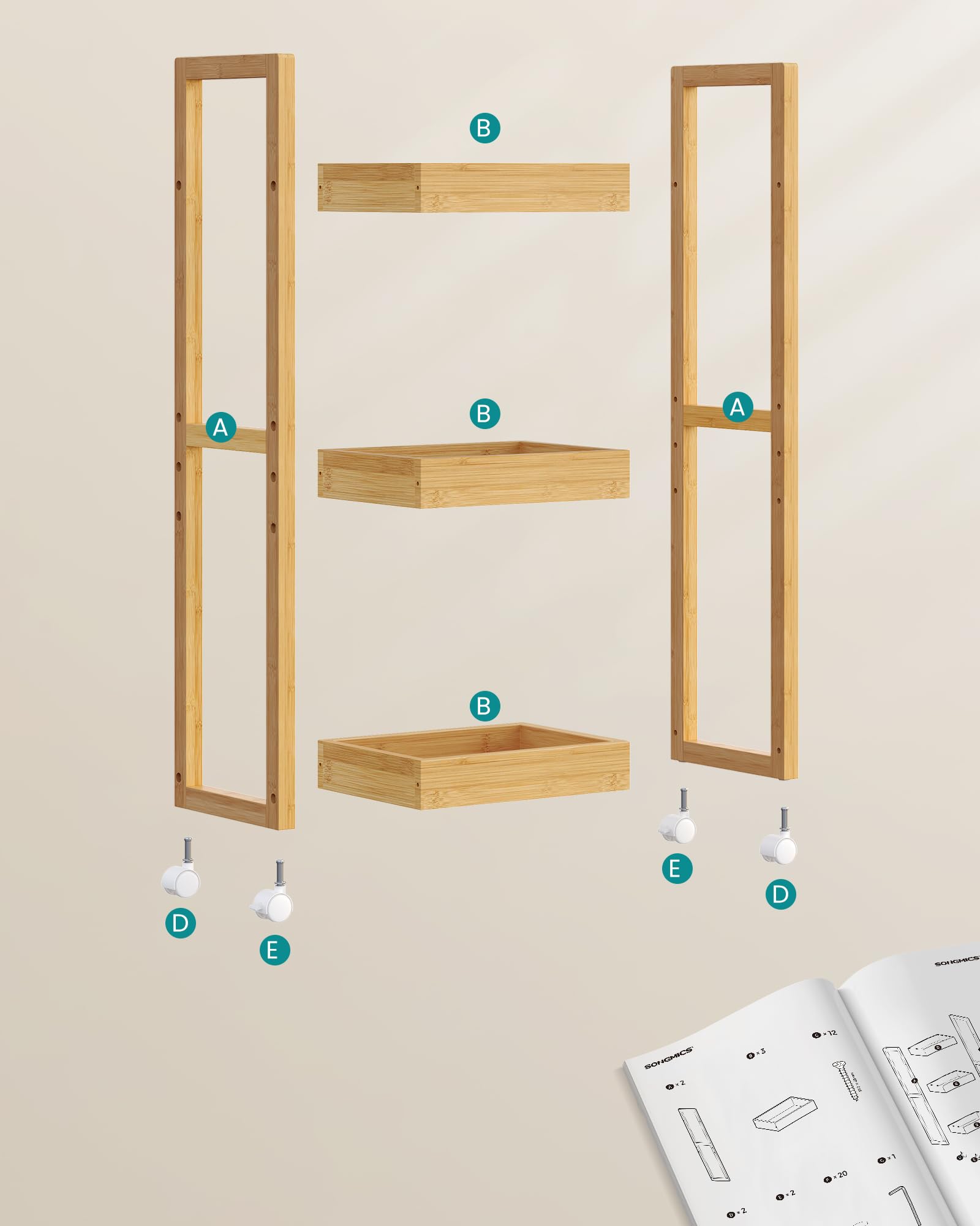 SONGMICS Carrito de Baño 3 Niveles Bambú Estrecho con Ruedas 20x30x80 cm Beige Natural