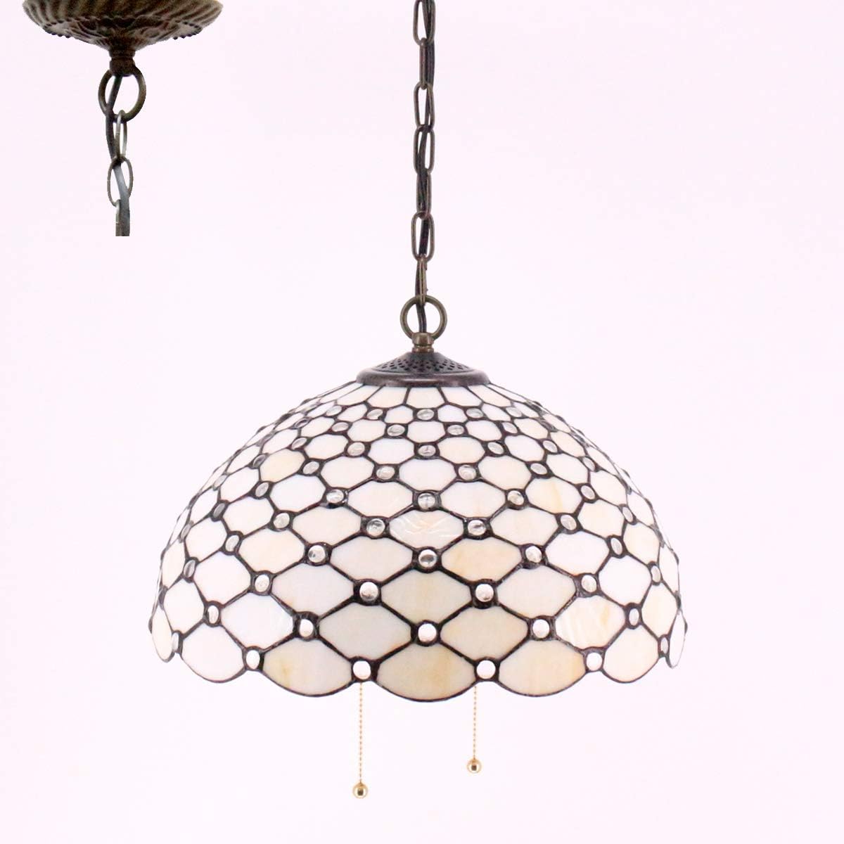 WERFACTORY Tiffany Pendant Light Fixture Cream Amber Bead Stained Glass 16 Inch Hanging Lamp Wide 16 Inch, Height 40 Inch S005 Series