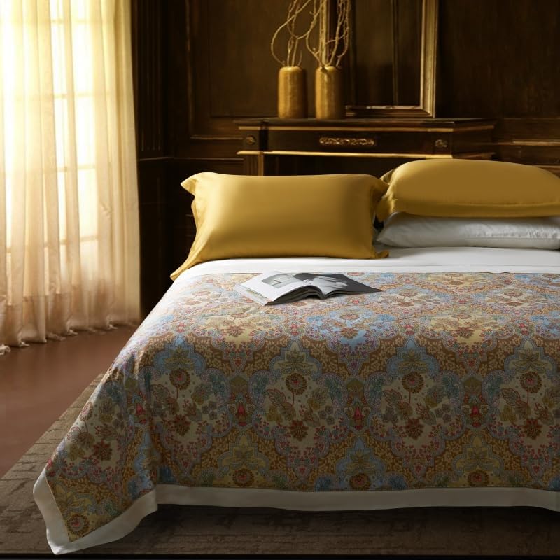 Lightweight Comforter Lyocell Tencel Thin Quilt Summer Air Condition Blanket Silky Soft Bedding Paisley Geometric Elements Design Car Sofa Bedroom (Gold, Queen)