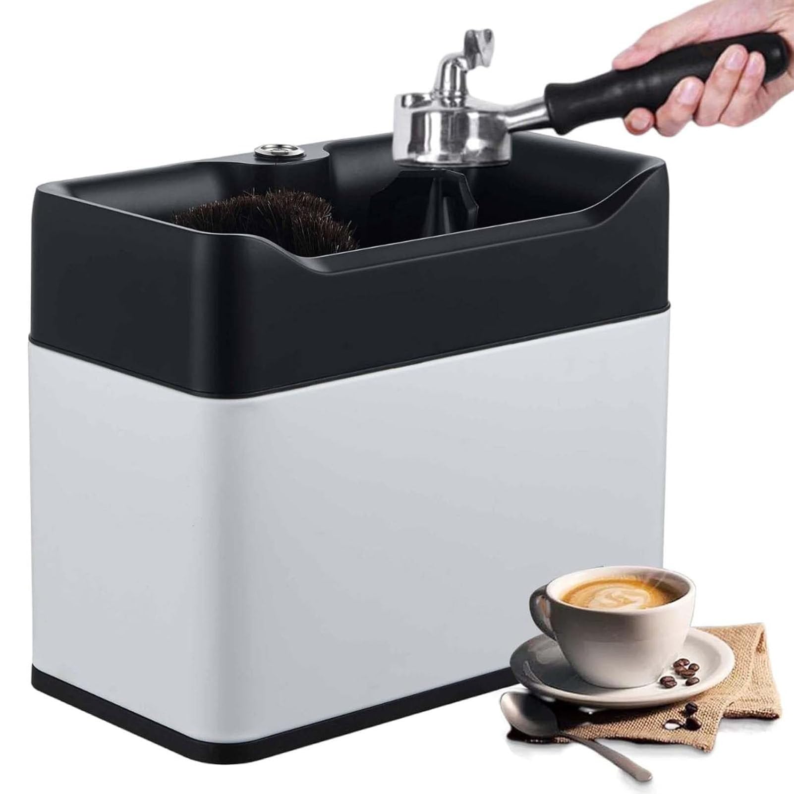 Limpiador de portafiltros, Limpiador eléctrico de posos de café, Limpiador de portafiltros con Cabezales de Cepillo Dobles y raspadores Dobles, para el hogar y la cafetería. White