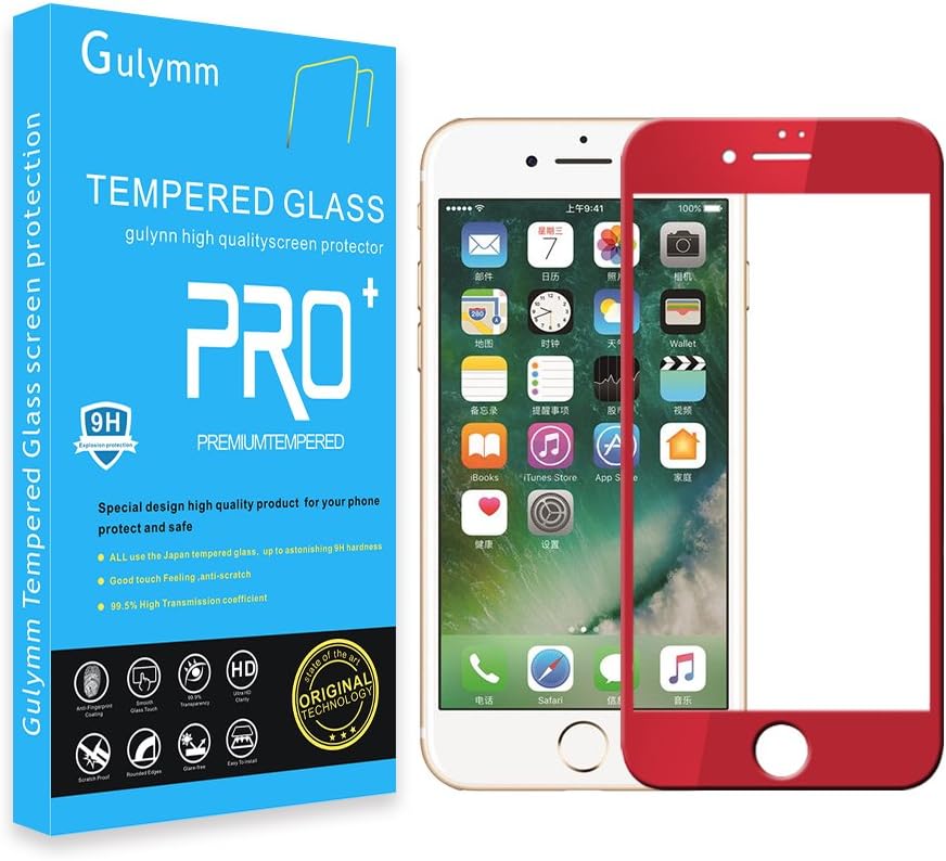 (5.5 inch) Full Coverage Screen Protector Gulymm Tempered Glass Screen Protector for iPhone 7 8 Plus - 9H Hardness, High Definition, Bubble Free, Anti-Scratch,Retail Packaging [2-Pack] (Red)