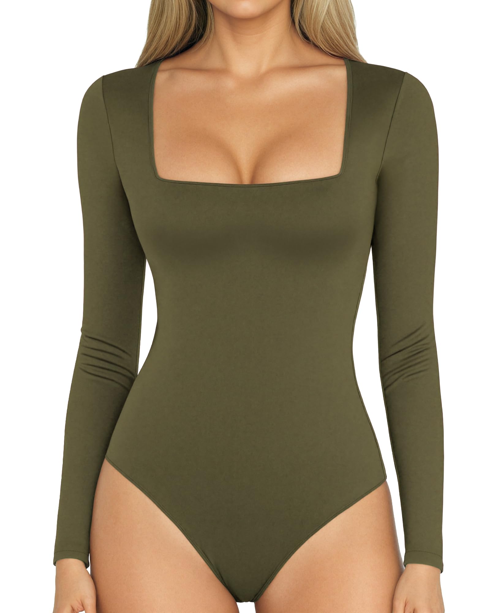 MANGOPOP Women's Square Neck Bodysuit Shirt Long Sleeve Short Sleeve Tops