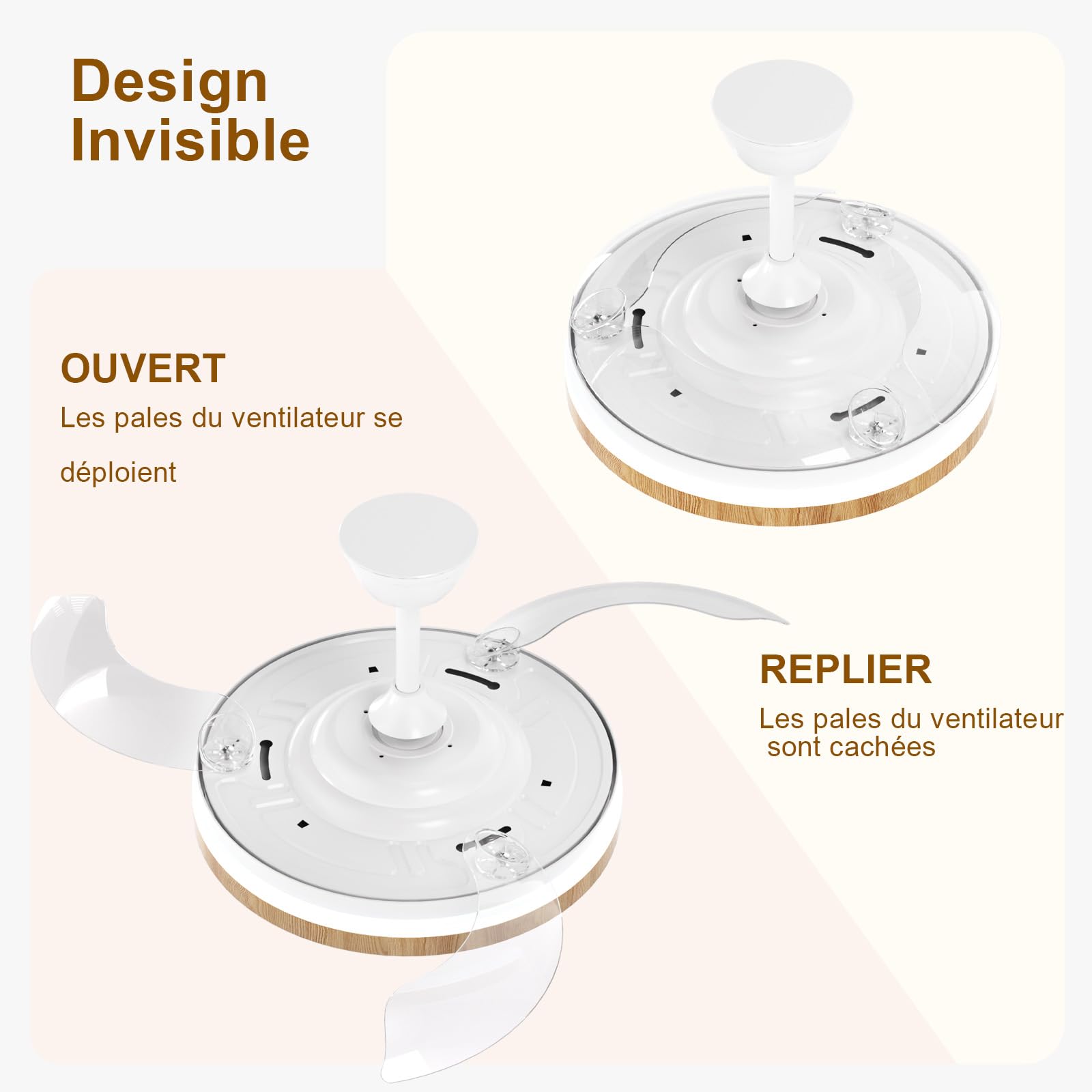 Rétractable Ventilateur Plafond avec Lumière, Ventilateur Plafond LED avec Telecommande, 3 Températures, 6 Vitesses Silencieux, 3 Pales Rétractables, Plafonnier Ventilateur pour Chambre Salon