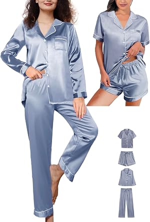 WJing Yi Jia 4Pcs Womens Silk Satin Pajama Sets Floral Pajamas Silky Pj Sets XS-2XL Button Down Pjs Set Loungewear Sleepwear