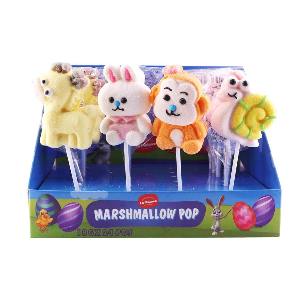 La Malove | Lollipops | Monkey, Donkey, Teddy & Snail shape | Marshmallow Lollipos |18g x 24pcs (Imported) 432g