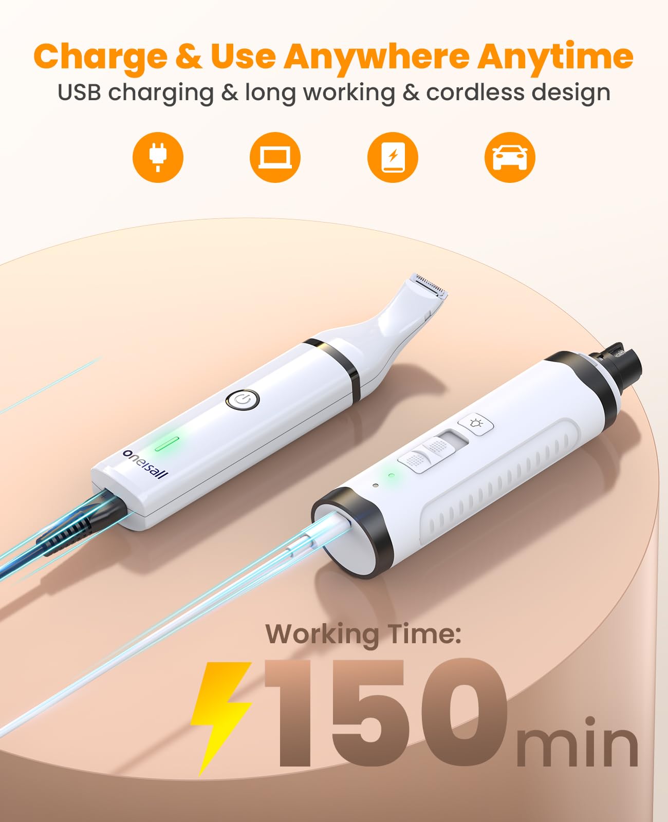 oneisall Kit de molinillo de uñas y recortador de patas para perros, 2 en 1, de bajo ruido, recargable, eléctrico, con 2 luces LED y cortaúñas inalámbrico para perros con cuchillas dobles