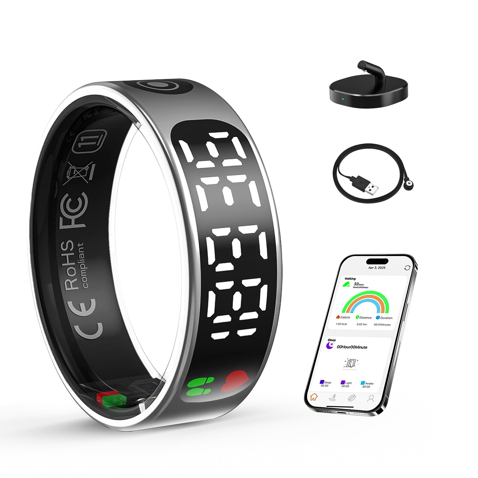 Smart Ring Health Tracker with LED Display Screen,Fitness/Sleep/Stress/HR Tracker for Women Men,No Subscription Fee, 5ATM +IP68 Waterproof Smart Ring for iOS & Android (Silver 10#)