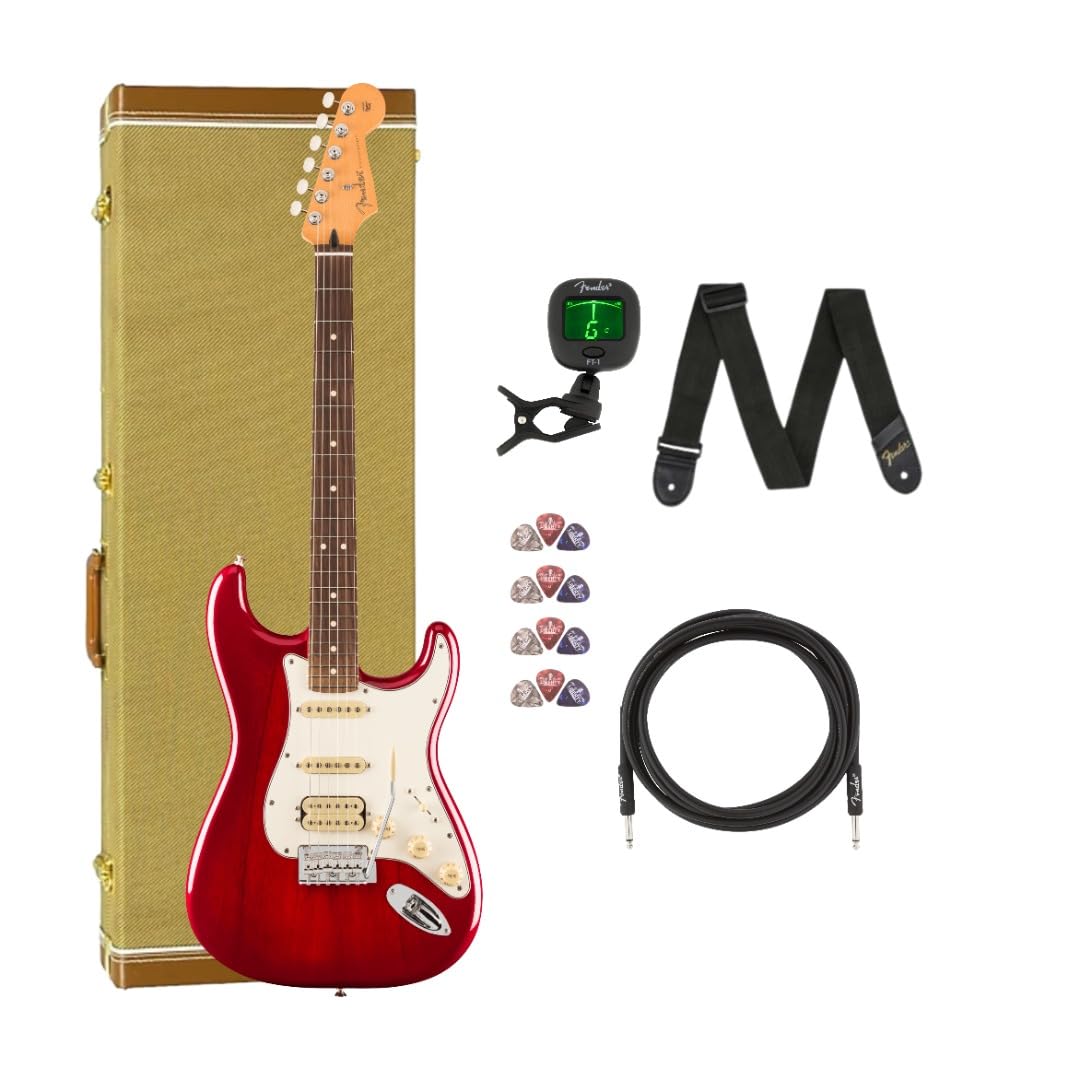 Fender Player II Stratocaster HSS Rosewood Fingerboard Transparent Cherry Burst Bundle with Hardcase, Cable, Tuner, Strap and Liberty Music Pick Pack(12)