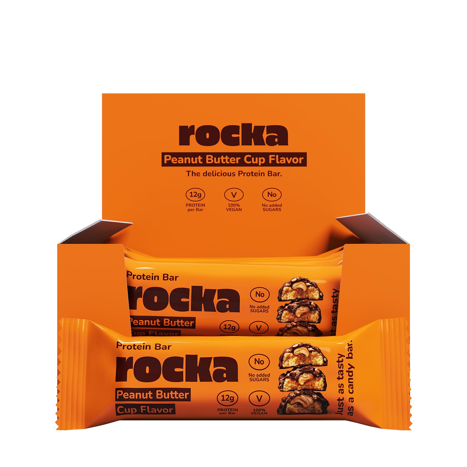 Rocka Nutrition Protein Bar I Veganer Proteinriegel mit 12 g Protein/Riegel I zuckerreduziert I voller Geschmack I 12 x 50g einzeln verpackte No Whey Bars (Peanut Butter Cup)