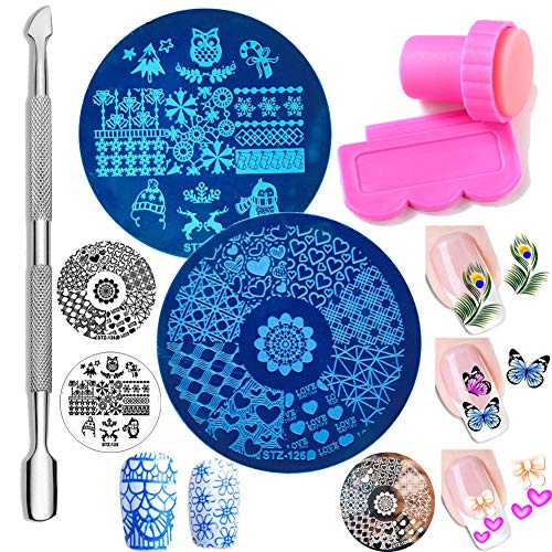 Nail Stamping Kits Set:2PC Nail Art Stamping Plates Stamper Template Stencils Tools,1PC Clear Nail Scraper & Cuticle Pushers Equipment, 4PC Nail Stickers Decals (AABB012A)