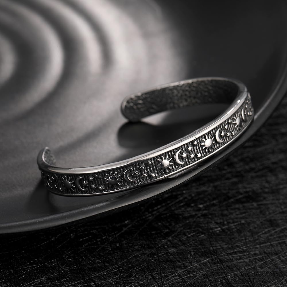 YWMAN Sun Moon Star Engraved Bangle Bracelet - Stainless Steel Celestial Cuff Bracelet - Gifts for Mom Daughter Sister Friends - Image 2