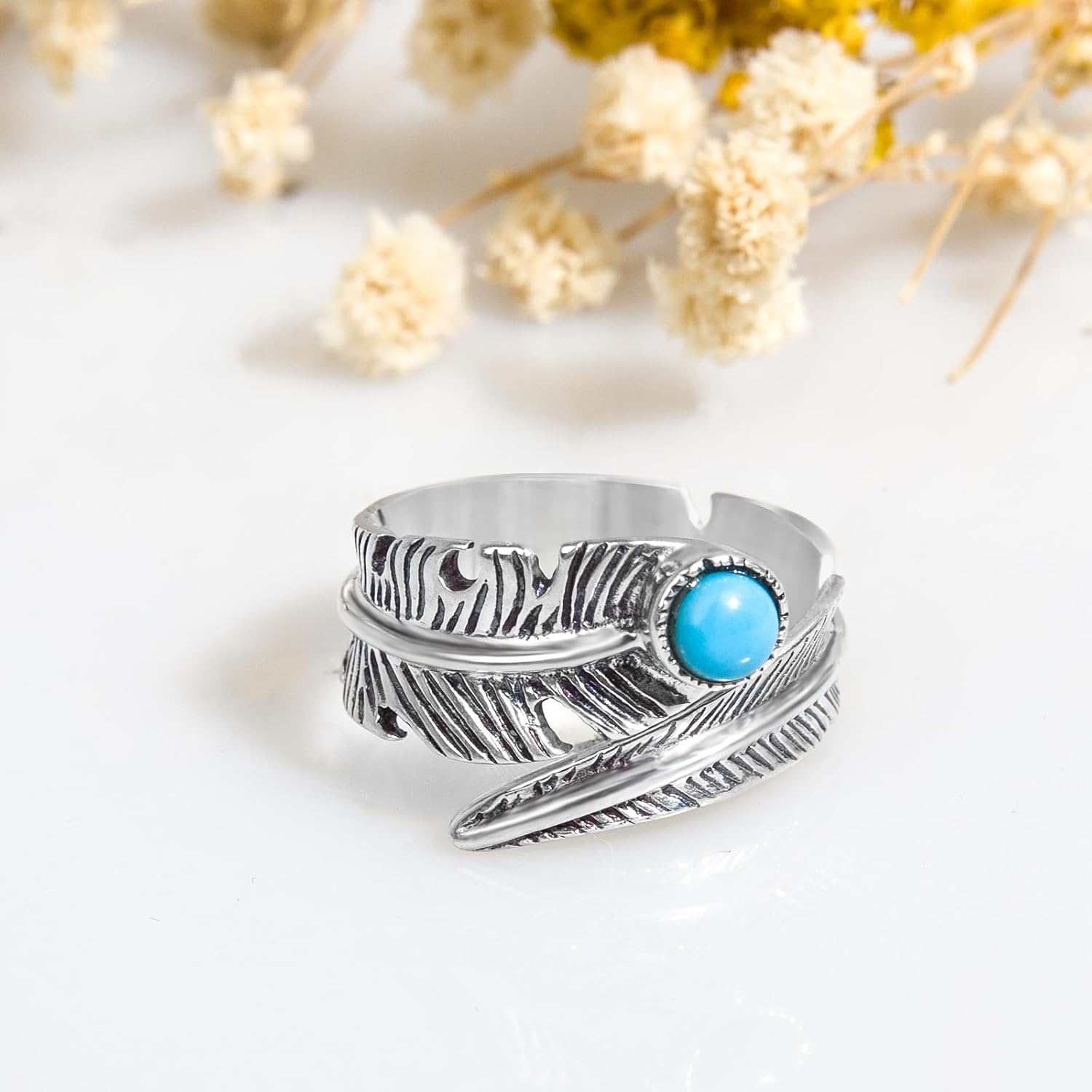 Feather Rings 925 Sterling Silver Turquoise Adjustable Ring/Vintage Goth Stainless Steel Feather Ring for Women Gift