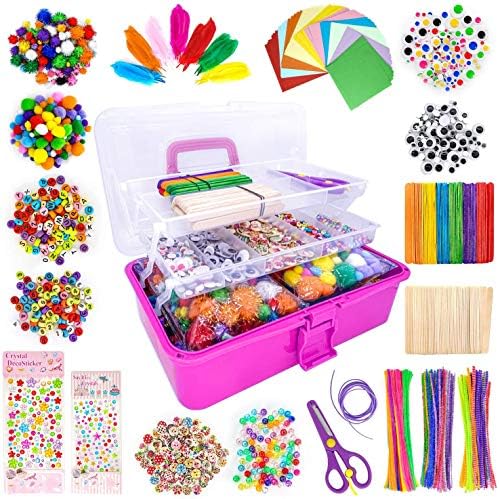 obqo 1405 Pcs Art and Craft Supplies for Kids, Toddler DIY Craft Art Supply Set Included Pipe Cleaners, Pom Poms, Feather, Folding Storage Box - All in One for Craft DIY Art Supplies, Rose Red