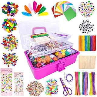 obqo 1405 Pcs Art and Craft Supplies for Kids, Toddler DIY Craft Art Supply Set Included Pipe Cleaners, Pom Poms, Feather, Folding Storage Box - All in One for Craft DIY Art Supplies, Rose Red