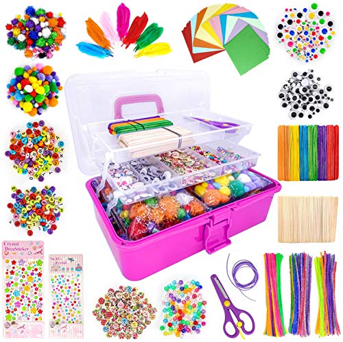 1405 Pcs Art and Craft Supplies for Kids, Toddler DIY Craft Art Supply Set Included Pipe Cleaners, Pom Poms, Feather, Folding Storage Box - All in One for Craft DIY Art Supplies, Rose Red