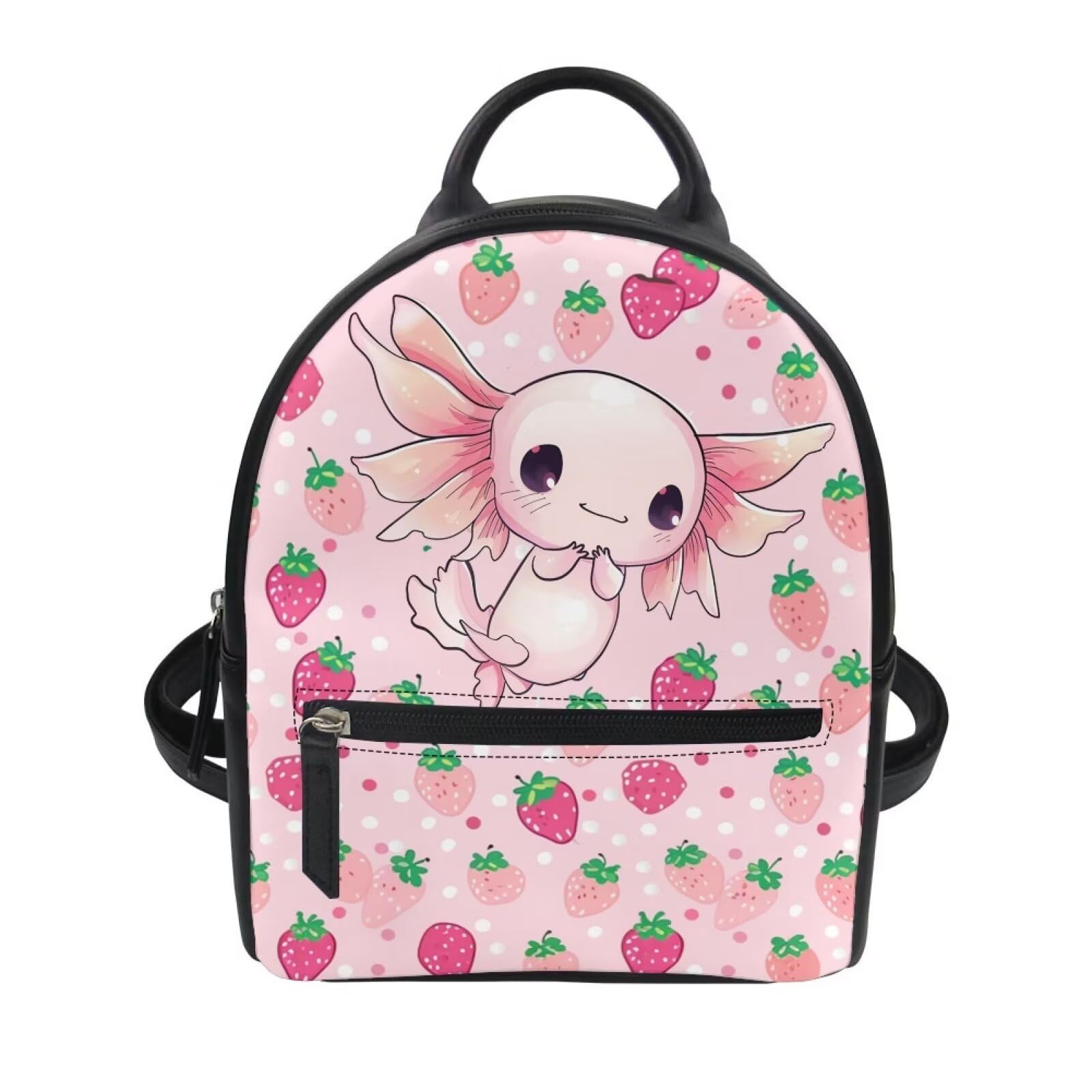 Showudesigns Strawberry Axolotl Backpack for Teen Girls Purse Gifts Mini Pu Leather Backpacks Cute Small Shoulder Bag Casual Daypack Kawaii Women's