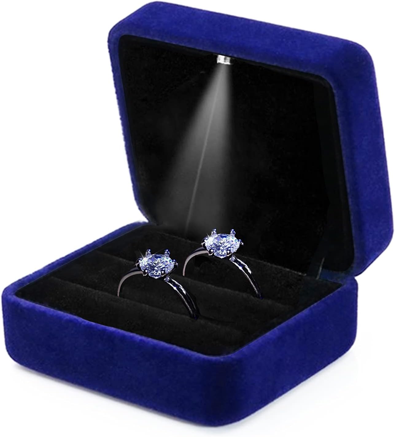 GBYAN Velvet 2 Slots Ring Box with LED Light for Ceremony Jewelry Display Gift Box for Engagement, Wedding, Blue