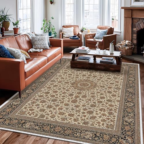Floral Area Rug, Traditional Elegant Ornate Border None Beige Low Pile Aesthetic Rectangle Home Floor Carpet Rugs for Living Room Bedroom Hallway Office Decor 6' X 9'