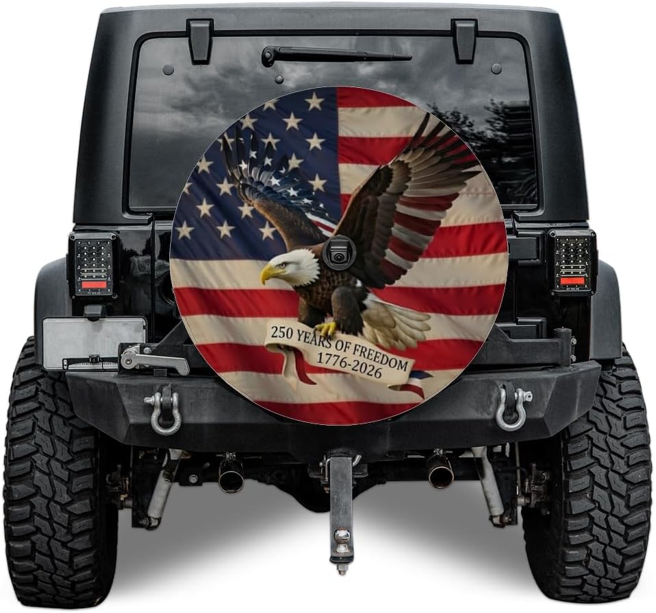 ThangPham Shop 250 Years of US Patriotic Spare Tire Cover with/Without Backup Camera Hole – America Flag Eagle Independence Anniversary Wheel Cover