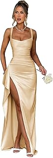 Satin Ruffle Prom Dresses Long for Women Spaghetti Straps Mermaid Slit Cocktail Dresses Formal Gowns for Teens