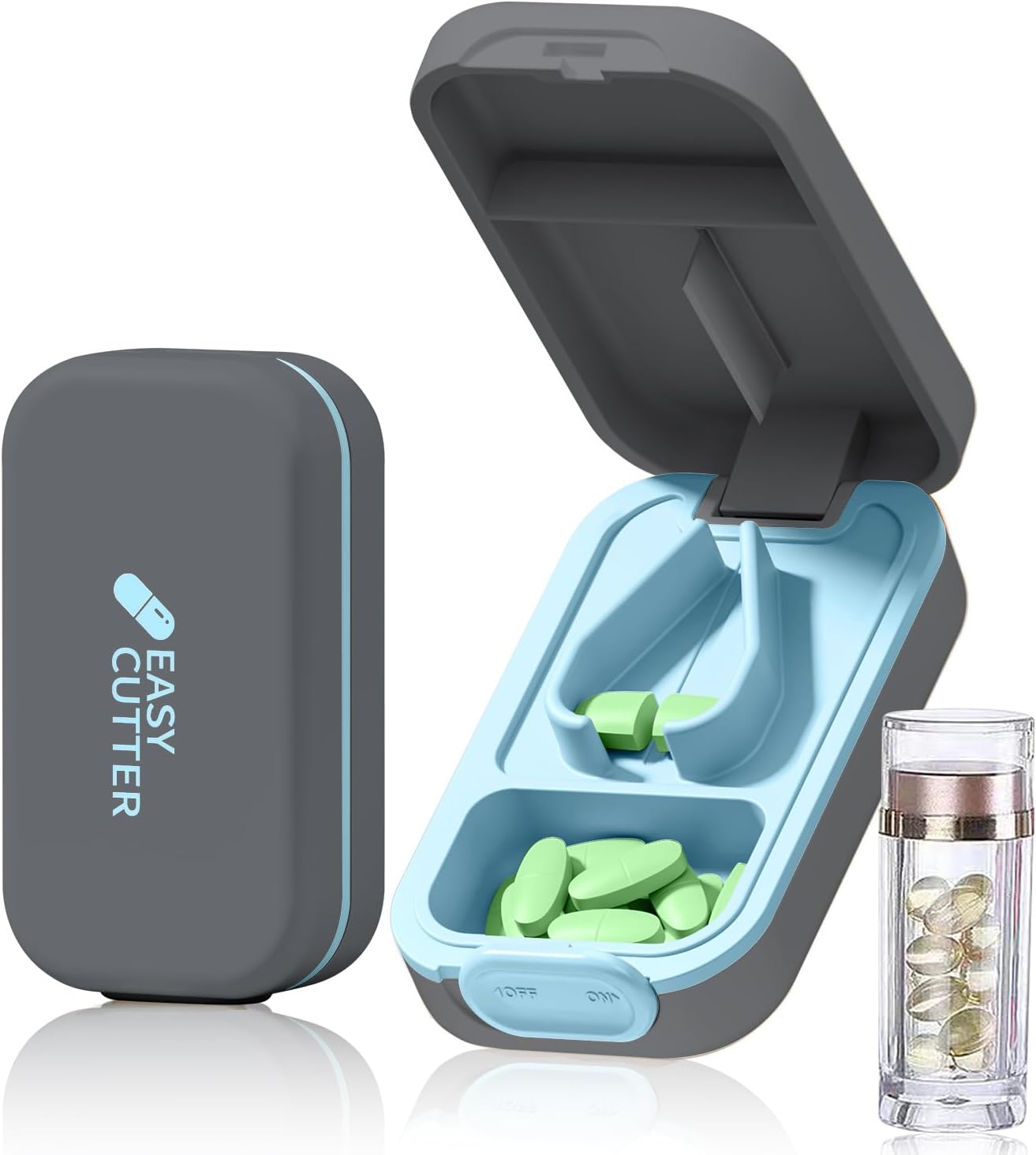 Pill Cutter | Pill Splitter for Small or Large Pills | Design in The USA| Cuts Vitamins |- Adjustable Splitter+ V-Shape Holder & Detachable Pad, Easy to Clean, Safe for Seniors, Kids, Pets-gray