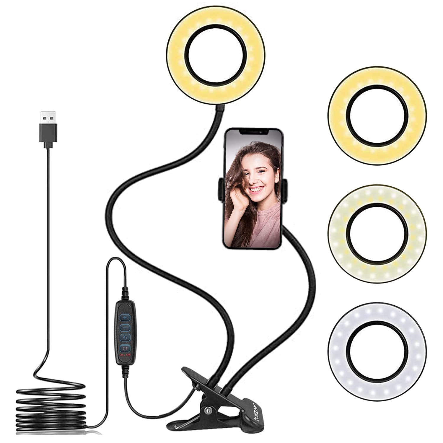 Tukzer 3.5" LED Selfie Ring Light with Phone Holder |Flexible Arm Desk Mount Clamp for Live Stream, Makeup, Online Meetings, Recording, Photography, USB Reading Light | 3 Color 10 Brightness Level-image-32