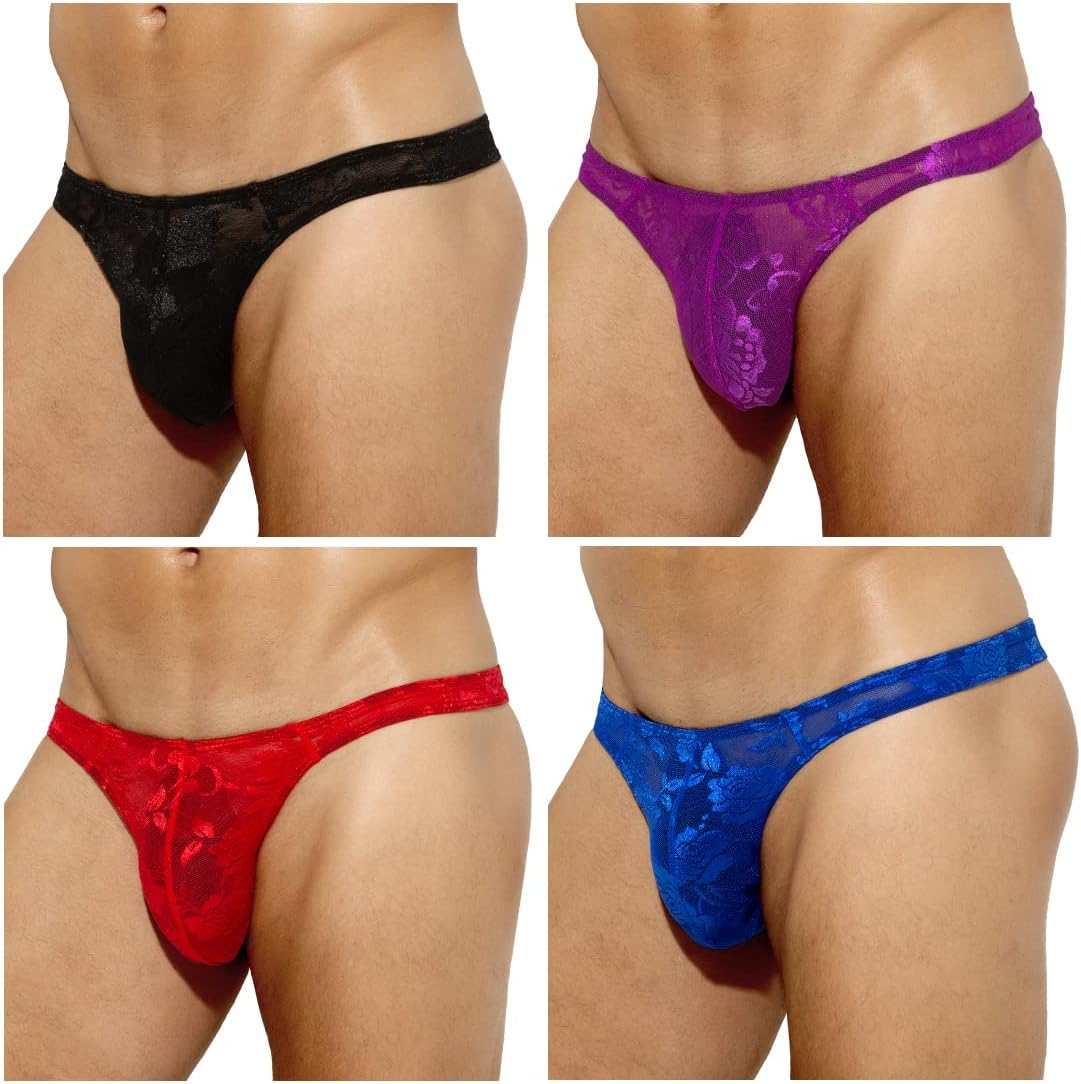 Casey KevinMen's Thongs Lace Underwear Sexy Low Rise G-Strings See Through Thong 4 Pack