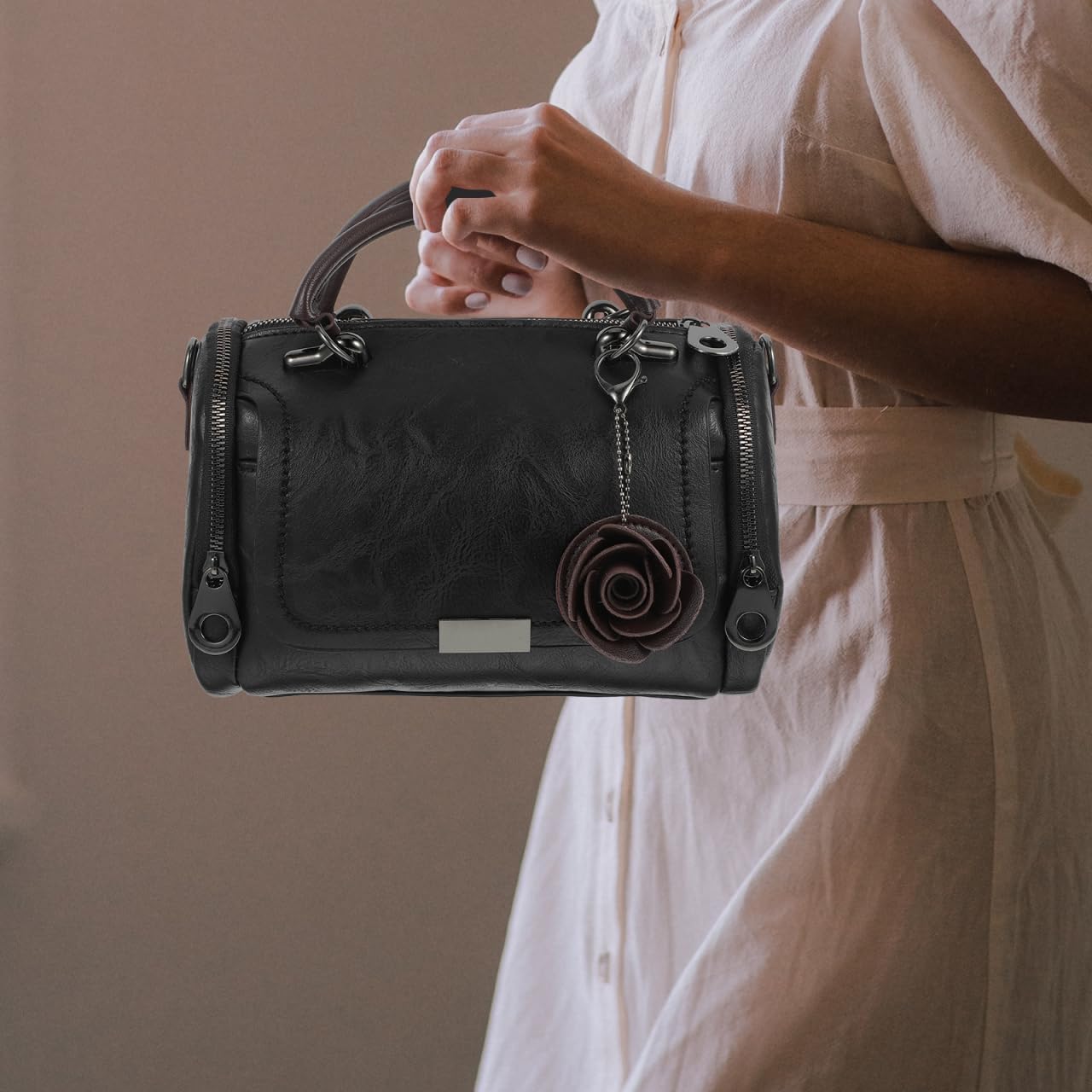 GALPADA Barrel Satchel Shape Handbag for Women Portable Shoulder Bag Polyester Lining Black