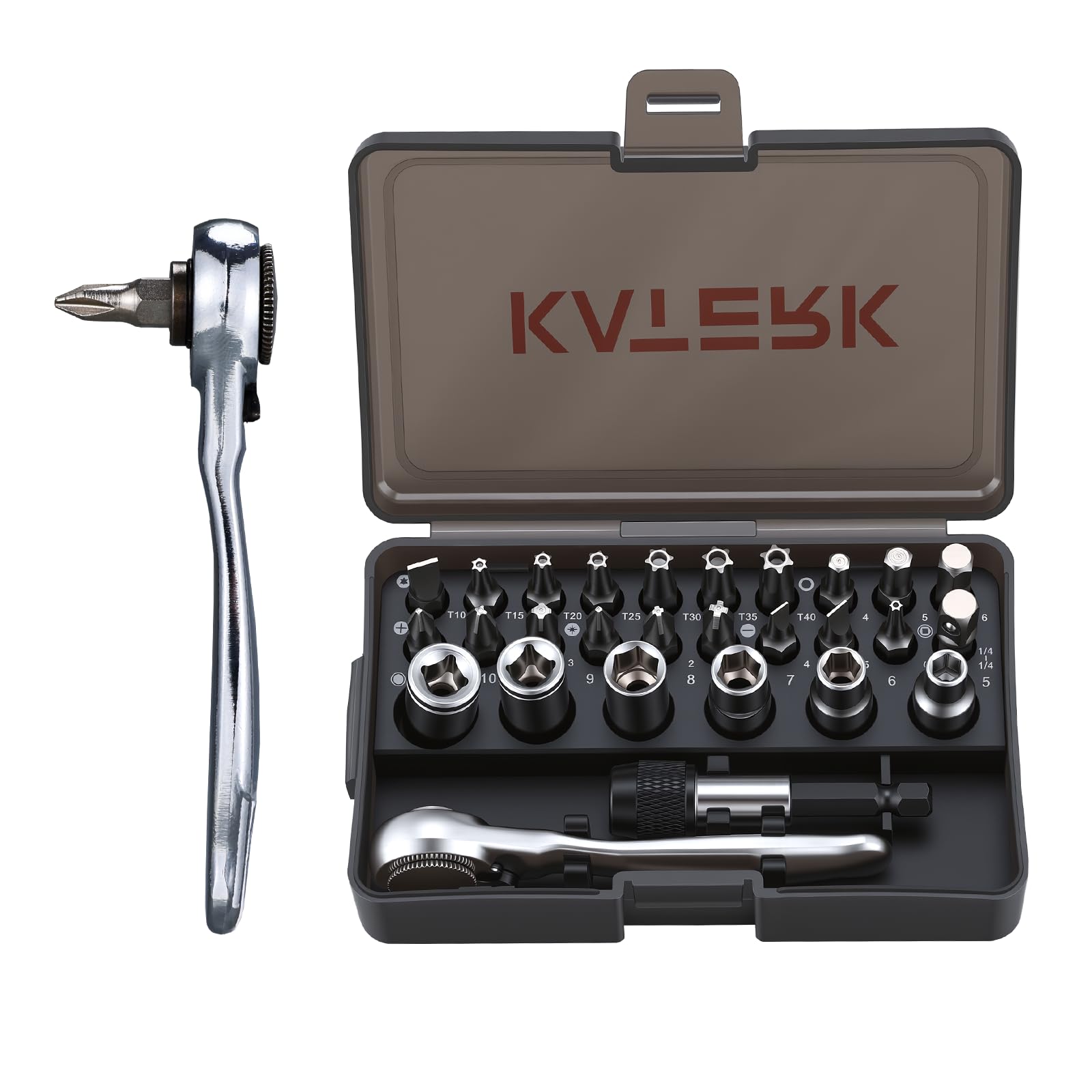 Katerk Juego Carraca, 28 Piezas de Llaves de Vaso de 1/4", Juego de Trinquete con Destornillador y Puntas, Llave de Carraca de 72 Dientes, para DIY, Reparación de Coches, Mantenimiento Diario