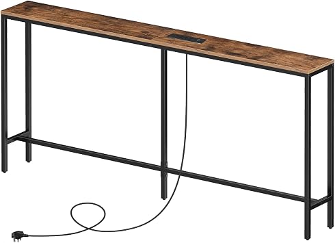 MAHANCRIS Skinny Console Table with Power Outlets, 160 cm Narrow Sofa Table, Behind Couch Table with Charging Station for Plants, Living Room, Rustic Brown and Black ACTHR165KE01
