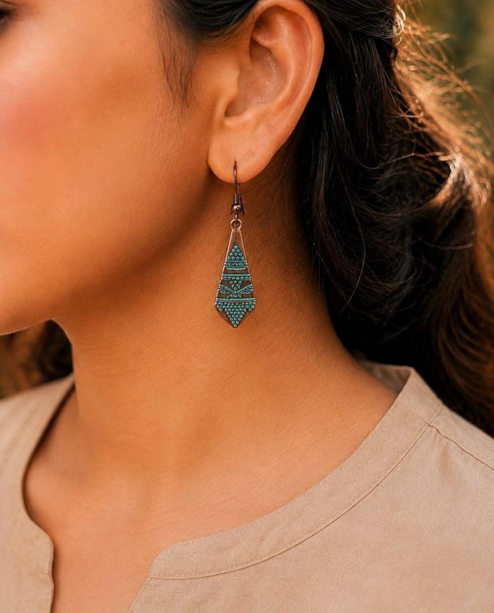 Boho Geometric Dangle Earrings, Antique Copper & Patina