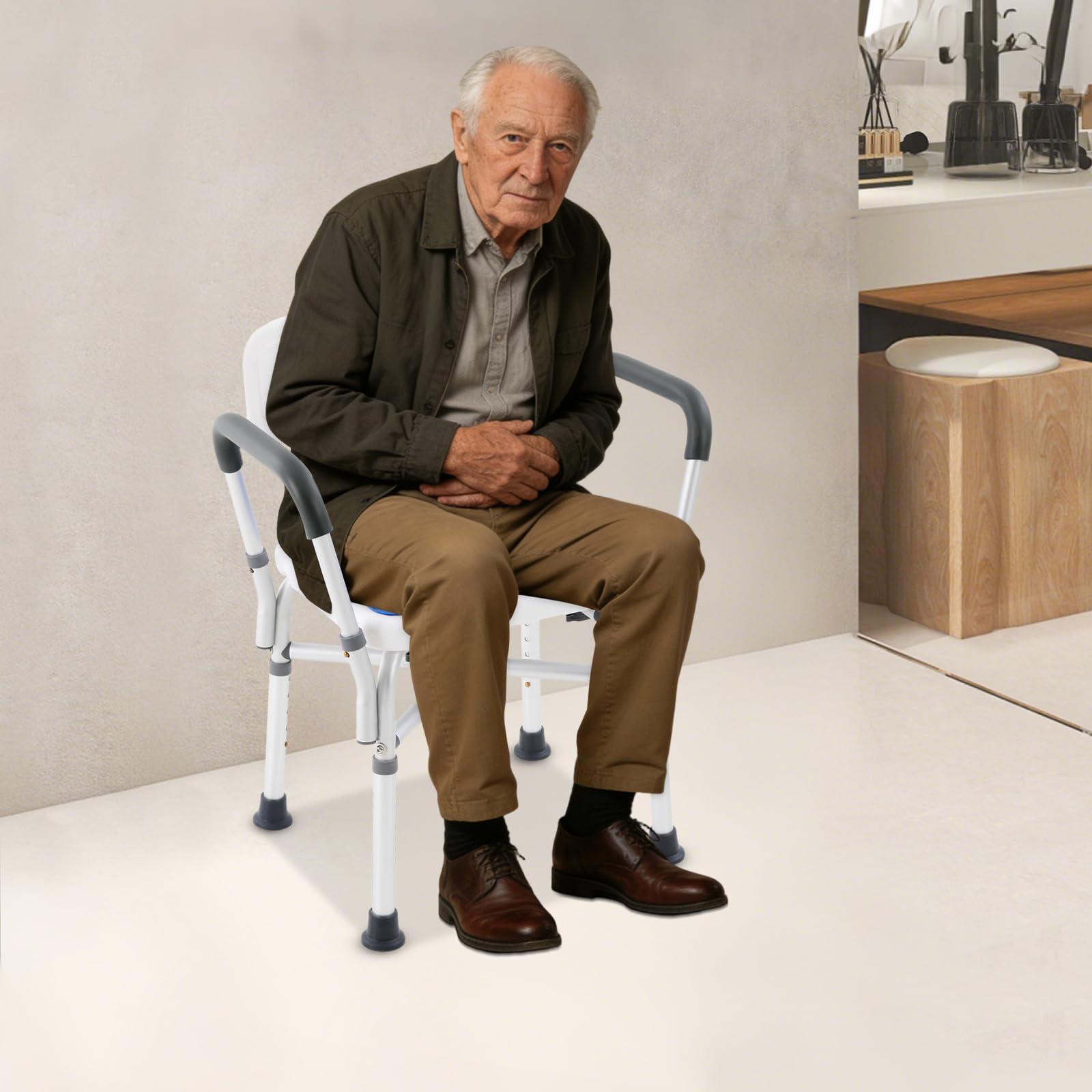 Silla de Ducha Ajustable de 34 a 42cm,Taburete de Ducha Antideslizante de hasta 250kg,con Respaldo,reposabrazos y cojín de Silicona extraíble,Silla de bañera de Acero para Ancianos y Discapacitados