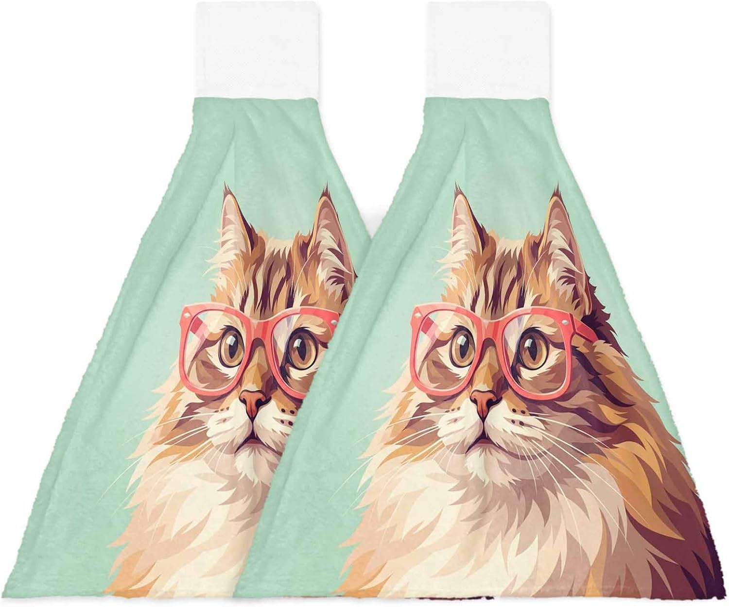 Green Cat Kitchen Hand Towels with Hanging Loops Set of 2 Funny Animals Modern Art Soft Thick Oven Fingertip Dry Microfiber Tie Dish Towel Absorbent Cleaning Washcloth for Bathroom Kitchen