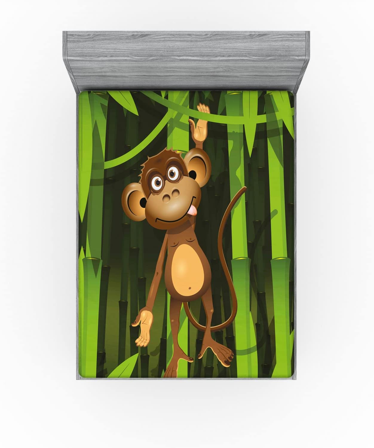 Ambesonne Jungle Fitted Sheet, Wildlife Theme Illustration of a Monkey in The Woodland Print, Soft Decorative Fabric Bedding All-Round Elastic Pocket, Queen Size, Brown Green