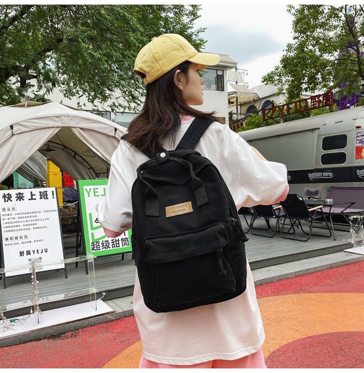 Aesthetic Canvas Backpack for Women Men Preppy Backpack Grunge Hippie Boho Japanese College Laptop Book Bag (Black,One Size)3