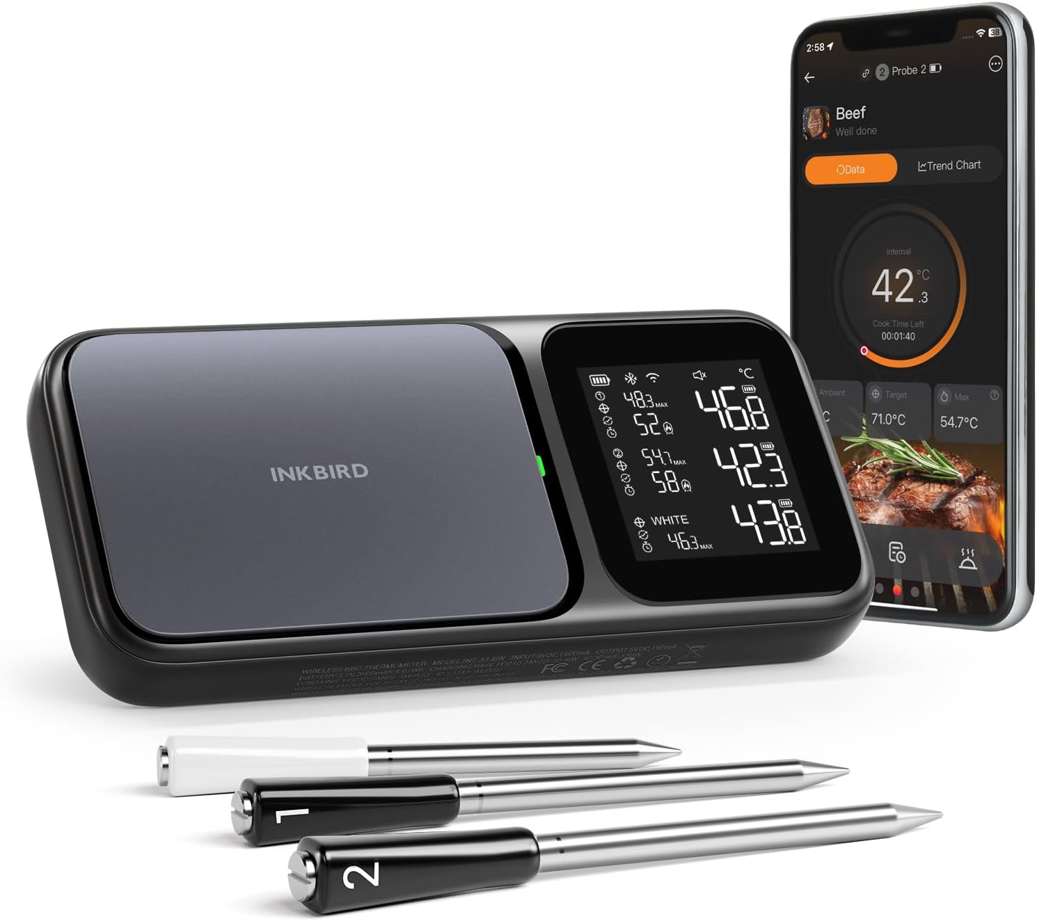 Wireless Meat Thermometer INT-33-BW with 3 Multi-sensor Food Probes, AI Real-time Calibration, NIST Approved Accuracy, High/Low Temperature Alarm, Rechargeable Grilling Thermometer for Cooking