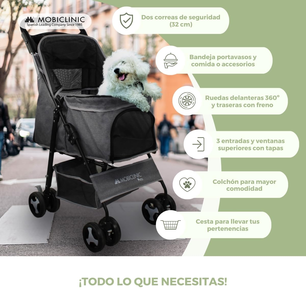 Mobiclinic® pets, Carrito para perros plegable, Ideal pequeños y senior, Zuma, Hasta 15 kg, Ruedas con frenos 360º, Cesta xxl, 3 ventanas cremallera mosquitera, Portavasos, Gris