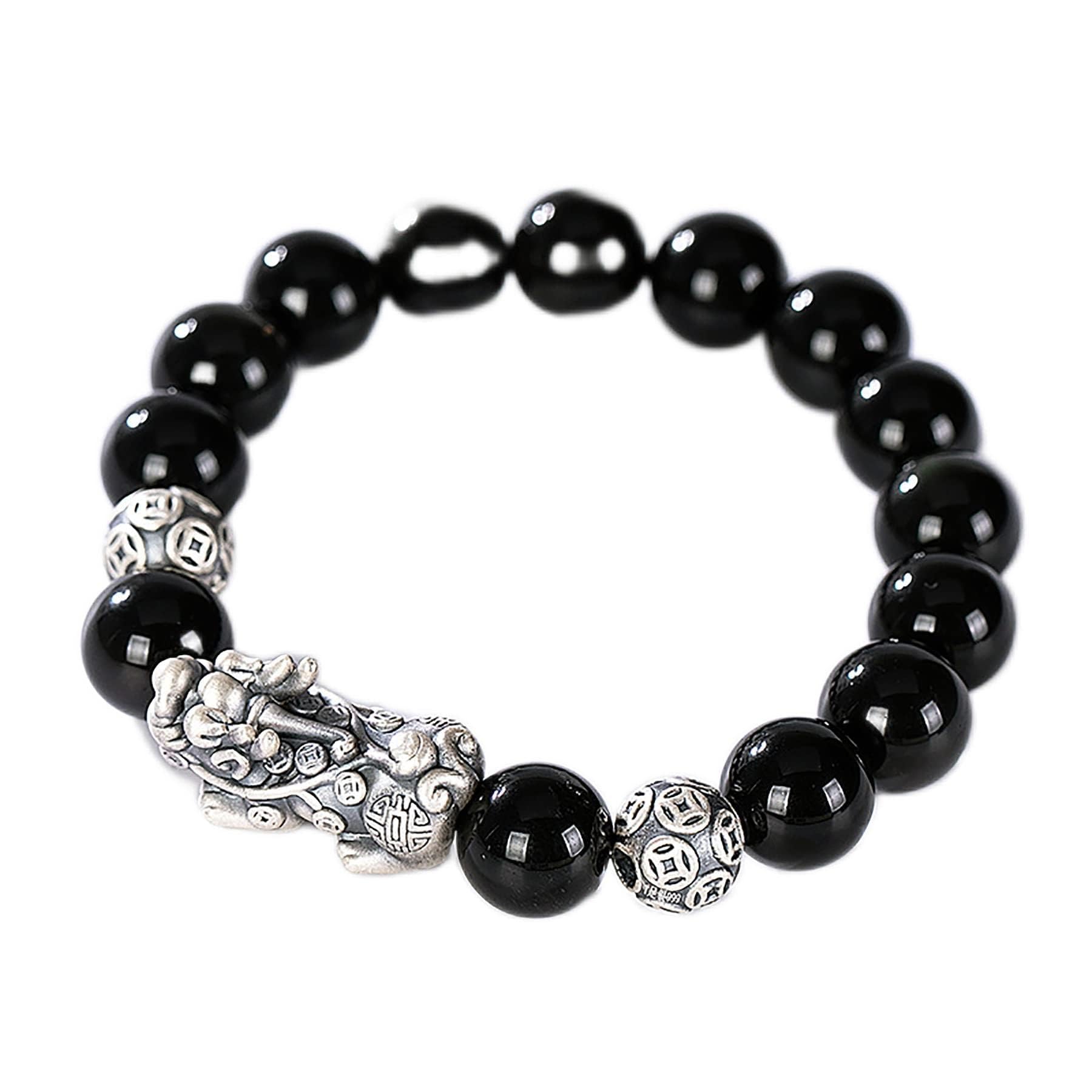 YNIYUJKL Feng Shui 10Mm Obsidian Bracelet 999 Pure Silver Charm Bracelet Gemstone Talisman
