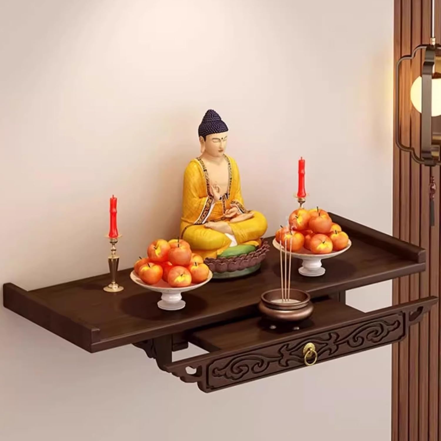 Altar Table, Buddha Altar Shelf with Drawer, Wall-Mounted Wooden Buddha Altars Shelf, Space-Saving, Retractable Pull-Out Design, Bamboo Buddha Display Pedestal(Wall-Mounted Brown,66cm/25.98in)